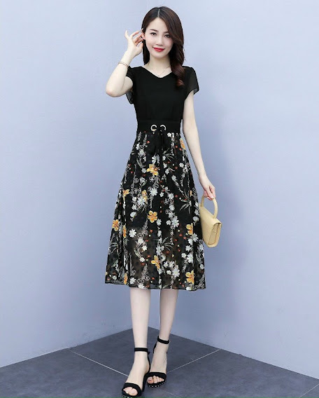 [HCM]ĐẦM XÒE REN PHỐI VOAN CỔ V TAY NGẮN