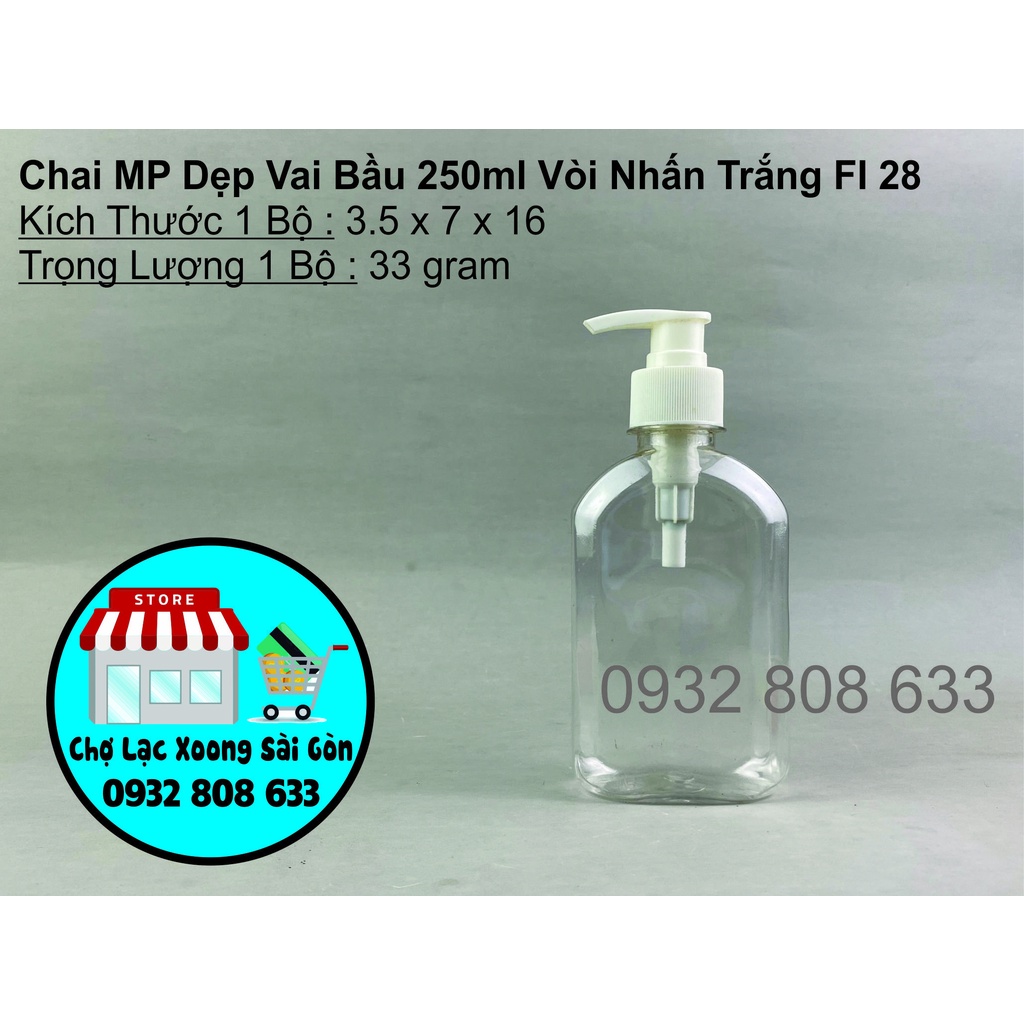 Chai nhựa dẹp vai bầu 250ml vòi nhấn trắng fi 28