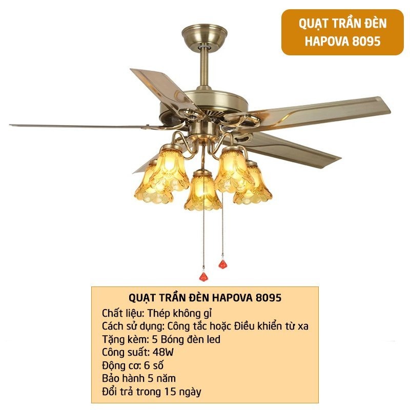 Quạt trần đèn trang trí 5 cánh HAPOVA REGHI 8095 + Tặng kèm bóng led AS Vàng