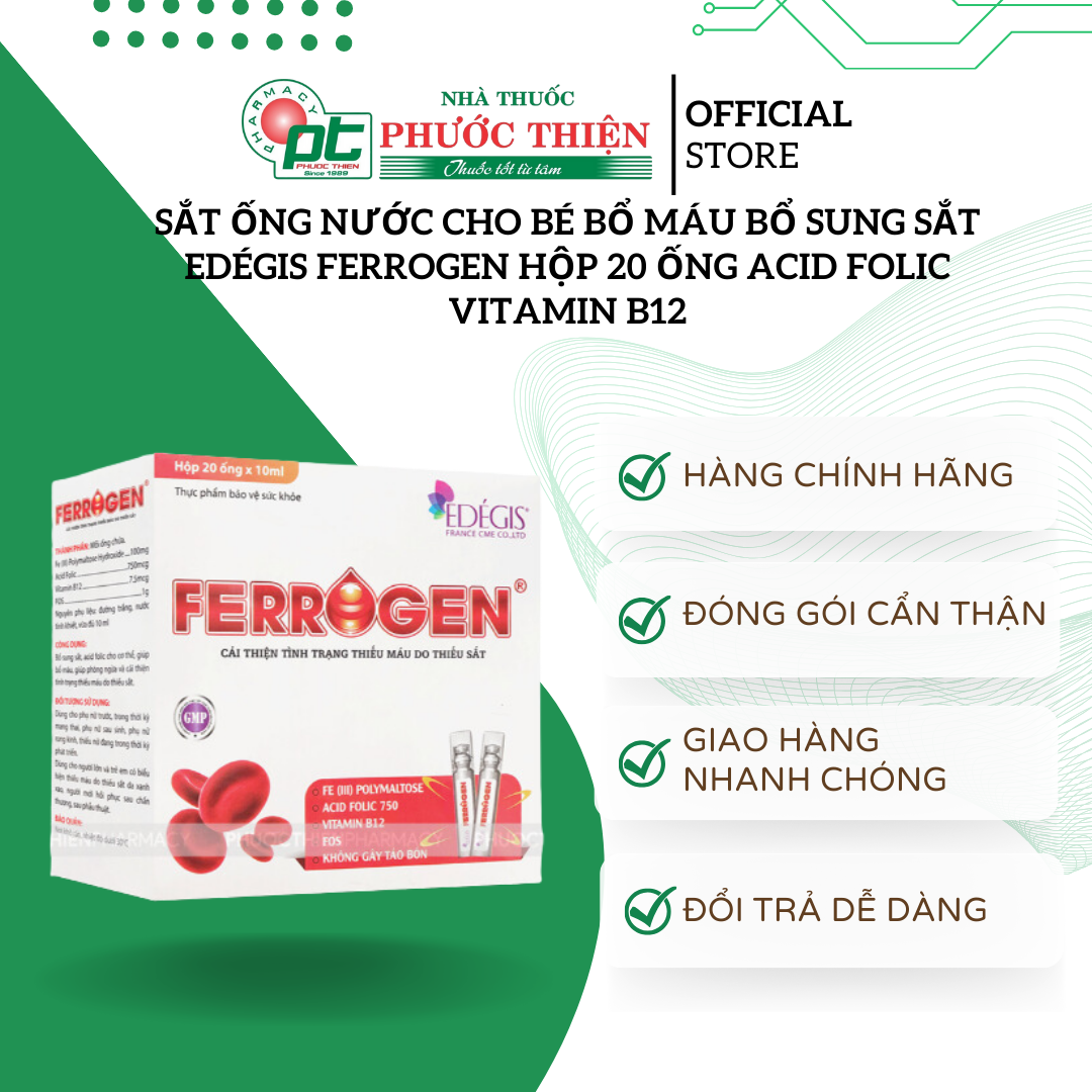 Sắt ống nước cho bé bổ máu bổ sung sắt Edégis Ferrogen Hộp 20 Ống acid folic vitamin b12