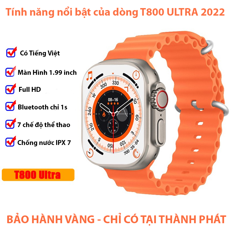 Đồng Hồ Thông Minh Smart Watch T800 Ultra Viền Titan Siêu Bền, Có Tiếng Việt, Nghe Gọi 2 Chiều, Chống nước IP 68, Định vị GPS, Sạc Nhanh Không dây