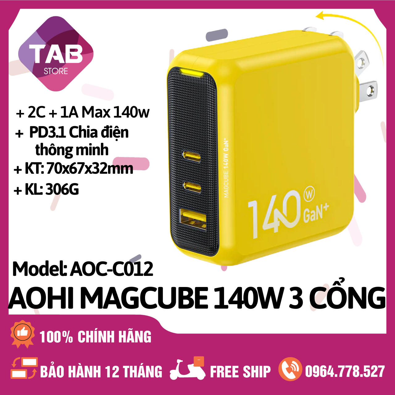 Củ Sạc Aohi Magcube 140w 3 Cổng PD3.1/PPS/IQ4+ Chính Hãng - Bảo Hành 12 Tháng