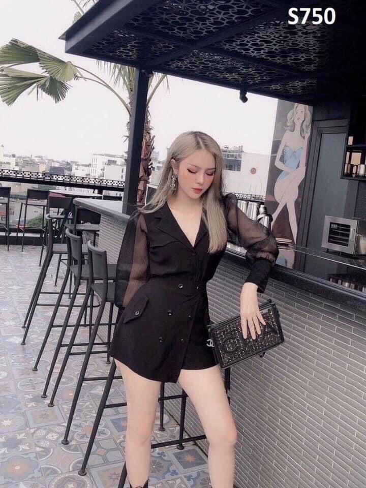Đầm xòe cổ chéo tay phối lưới dễ thương