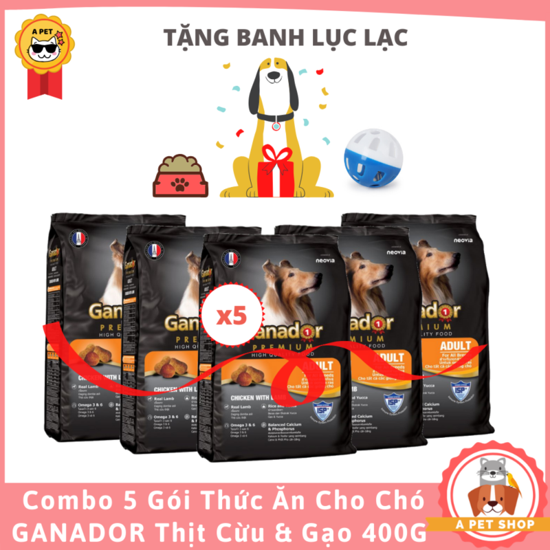 (Tặng banh lục lạc)COMBO 5 GÓI Thức Ăn Cho Chó Lớn Ganador Vị Thịt Cừu & Gạo 400 Gram - A Pet Shop