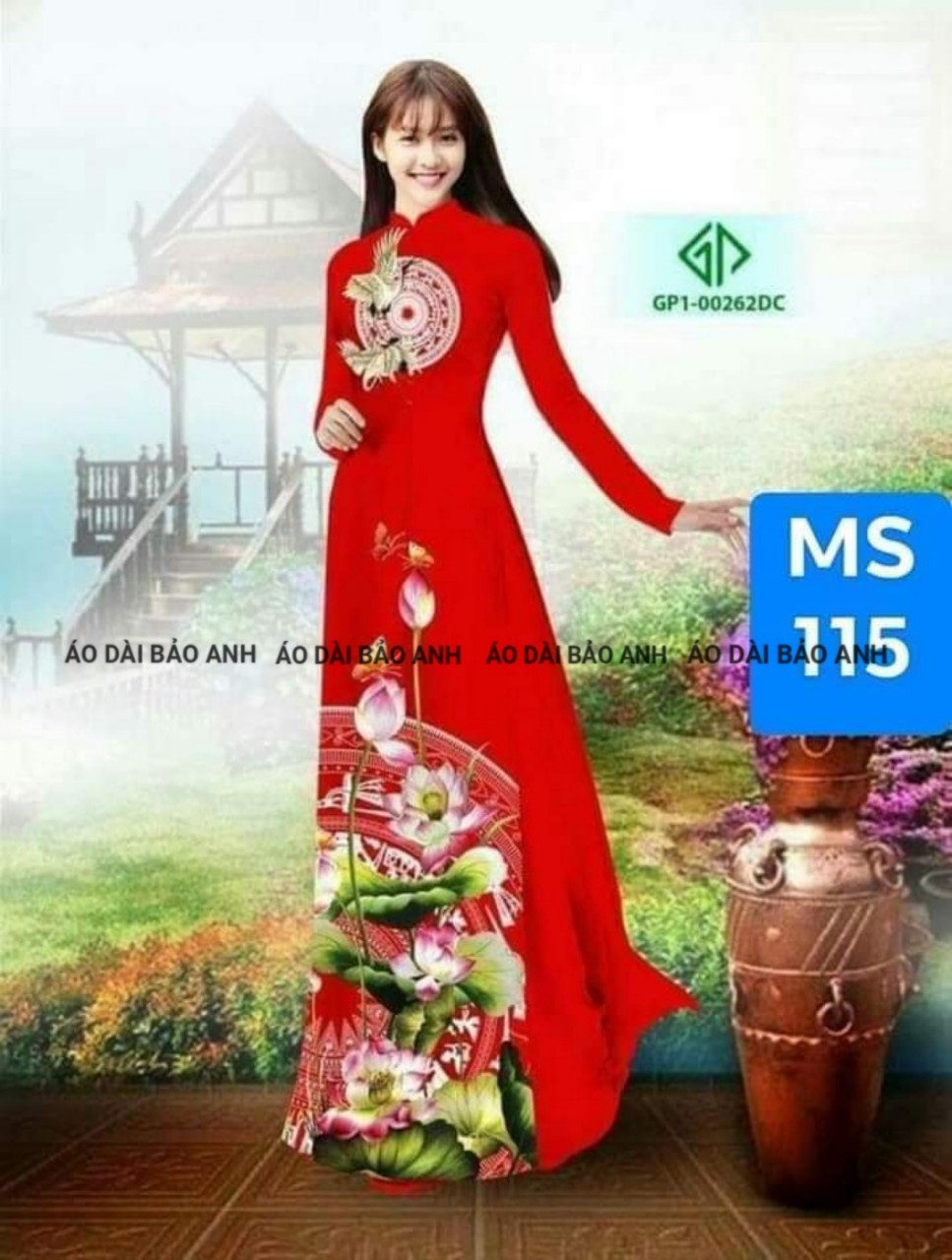 Áo dài in 3 d hoa sen trống đồng truyền thống- Áo dài Bảo Anh