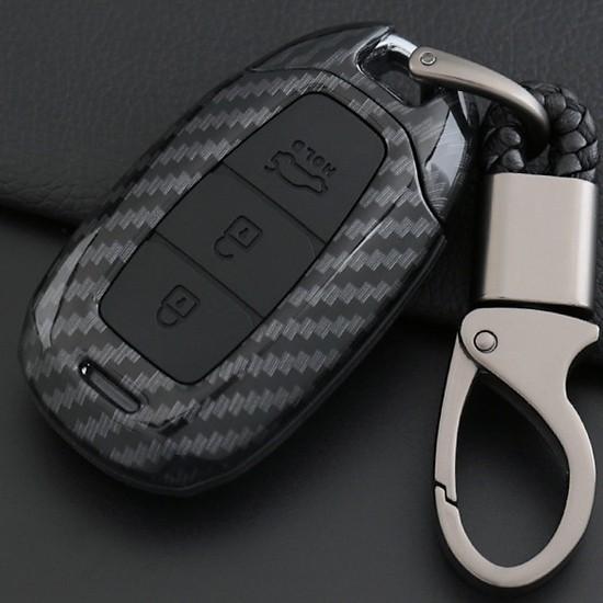Ốp nhựa carbon lót silicon bọc, bảo vệ chìa khóa xe Hyundai Accent 2018, 2019, 2020 Kona 2018, 2019, 2020, Santafe 2019, 2020 kèm móc đeo INOX