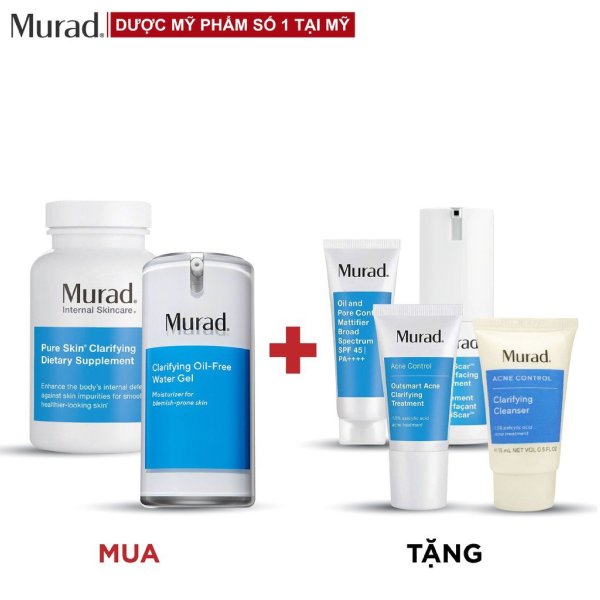 Bộ sản phẩm Murad Acne: Viên uống mụn Pure Skin Clarifying Dietary Supplement + Gel ngừa mụn Clarifying Oil-Free Water Gel 47ml TẶNG Bộ sản phẩm 30 Days Acne Kit