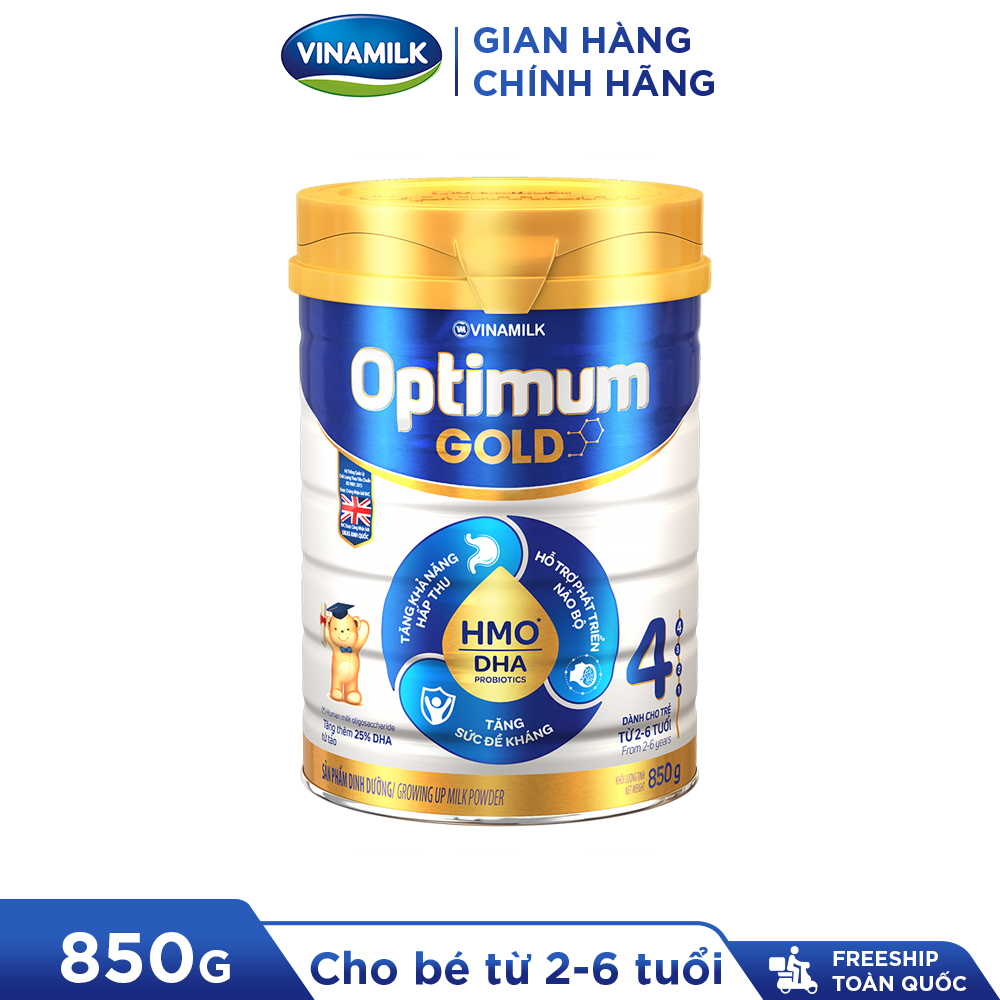 Sữa bột Vinamilk Optimum Gold 4-Hộp thiếc 850g (cho trẻ từ 2- 6 tuổi) - Sữa công thức giúp Tăng cân, chiều cao, tiêu hóa, phát triển não bộ