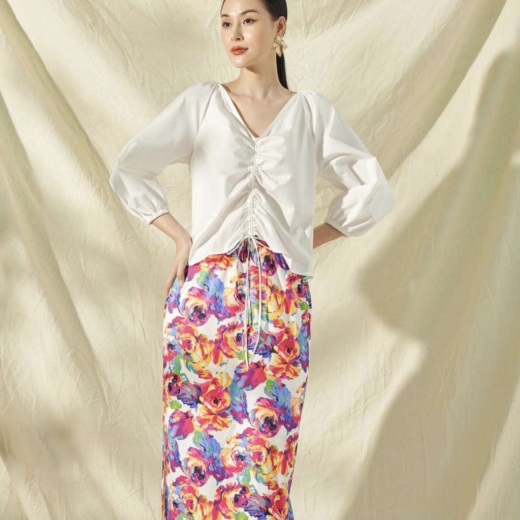 Set áo rút ngực chân váy hoa