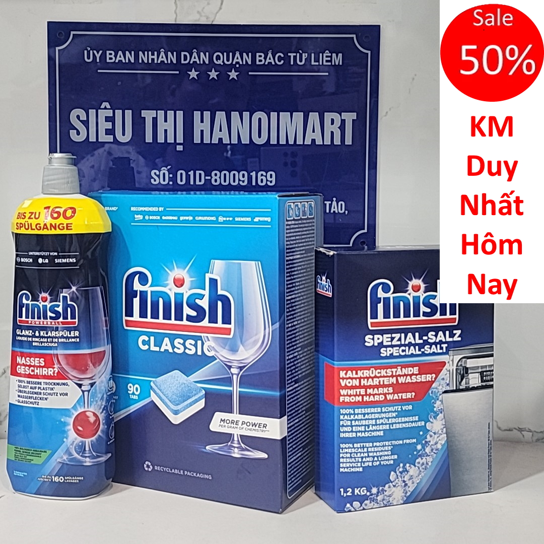 Combo Viên rửa bát  finish classic 90 viên hoặc muối rửa bát Finish 1.5kg hoặc Dung dịch dầu làm bóng finish 800ml dùng cho máy rửa bát hoặc 24 viên finish all in one max 1