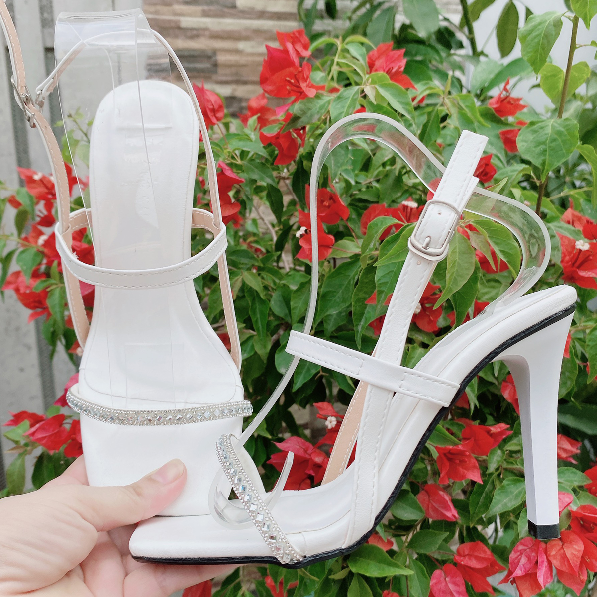 Sandal quai mảnh gót 9 phân TRẮNG