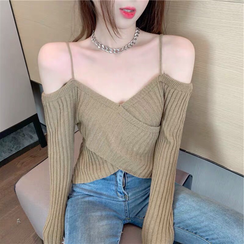 Áo len trễ vai 2 dây vạt chéo cá tính