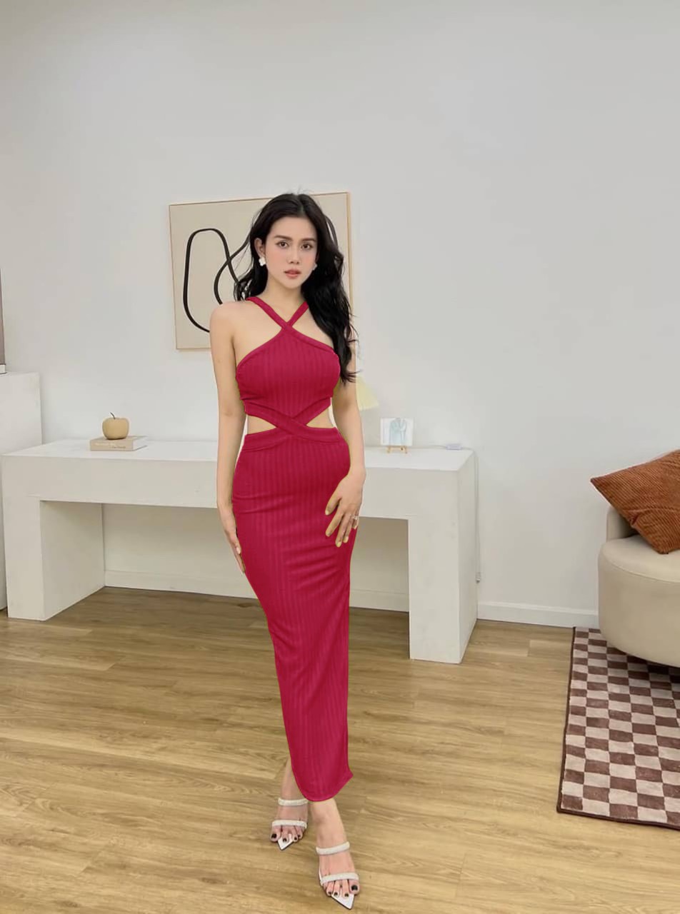 Đầm body cổ yếm xẻ tà khoét eo from dài siêu hot hàng bao chất