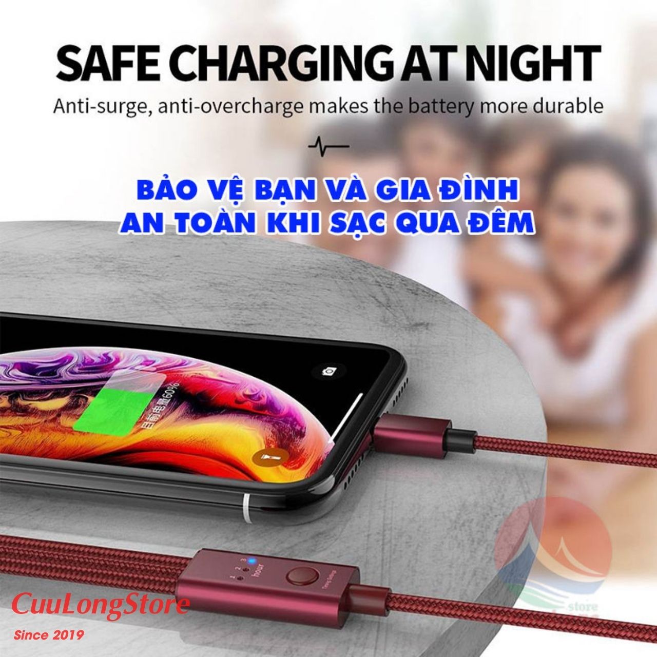 Cáp Sạc Tự Ngắt Hẹn Giờ Thông Minh 3H, 3 Đầu Đa Năng Lightning Type C Micro USB Chống Chai Pin, dây sạc tự ngắt an toàn sạc ban đêm
