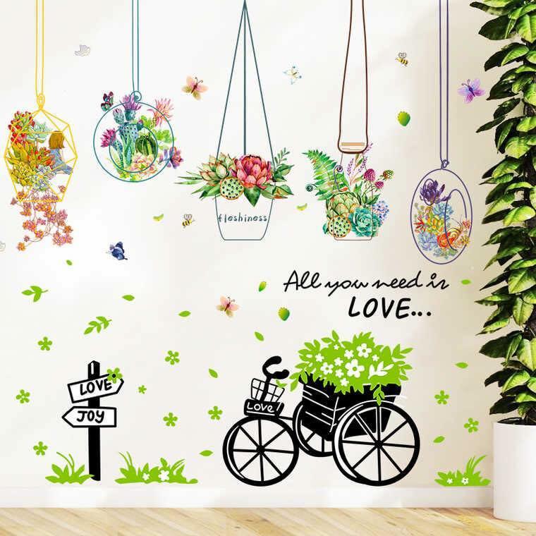 Decal dán tường giỏ hoa và xe đạp xanh