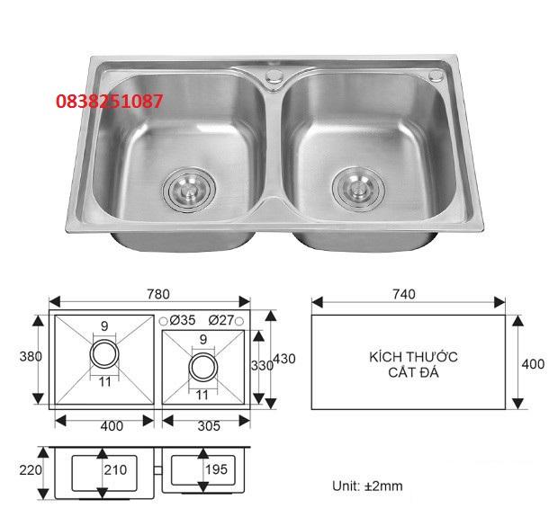 [HCM]Chậu rửa bát inox 2 hố 78X43X23mm