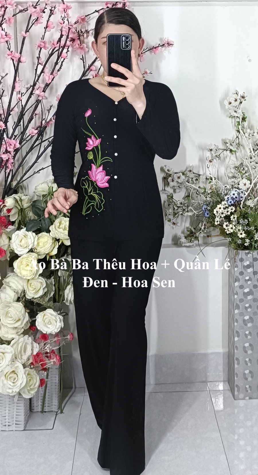 Bộ_Thêu Sen (Áo Lẻ Thêu + Quần Đen Ống Rộng)