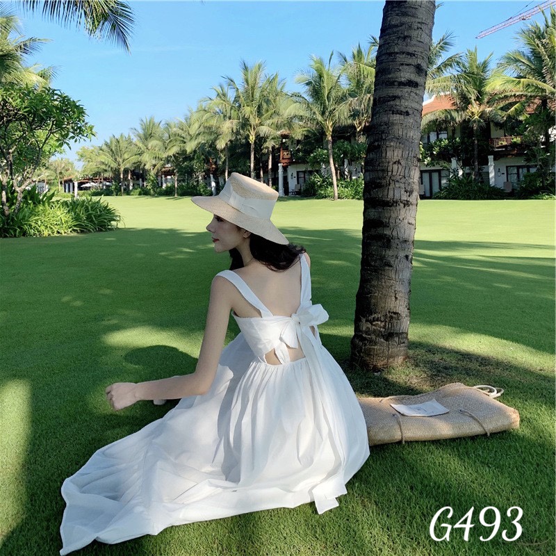 Đầm xoè nữ maxi đi biển kiểu nơ lưng voan lụa G493