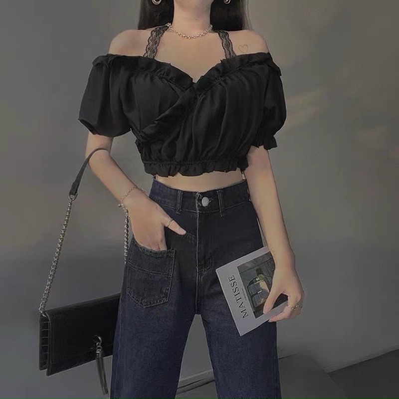 Áo kiểu croptop nữ đắp chéo phối ren, áo trễ vai tay phồng cổ bèo siêu xinh