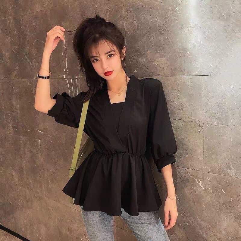 [Áo kiểu bigsize 50kg -90kg] Áo peplum nơ eo màu đỏ/đen/vàng/trắng/nude (3 size: L/XL/XXL) mặc Tết