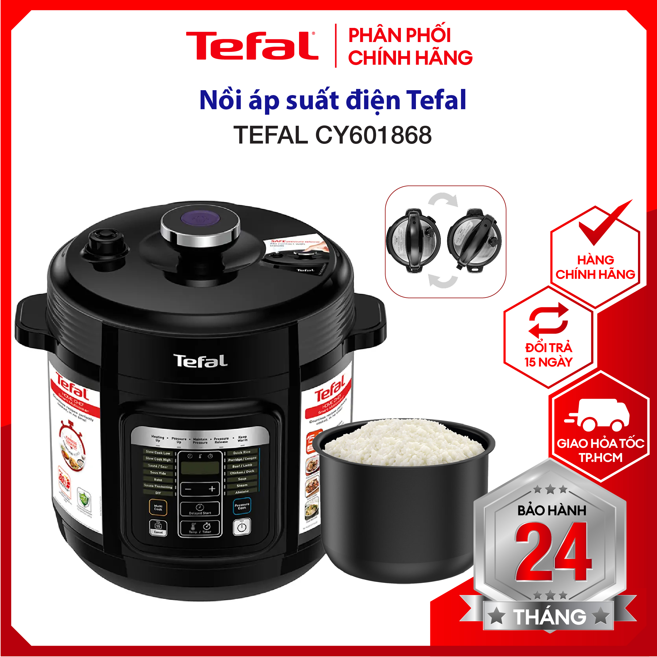 Nồi áp suất điện Tefal CY601868 - Dung tích 6L , thiết kế van xả áp an toàn, tránh bỏng hơi nước - Đa dạng với 15 chương trình nấu, 4 phụ kiện đi kèm - Hàng chính hãng, bảo hành 24 Tháng