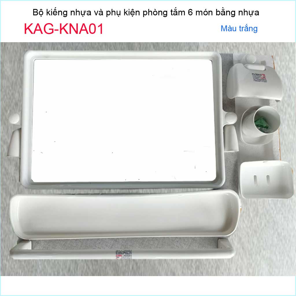 [HCM]Kiếng nhựa 6 món KAG-KNA01, Bộ phụ kiện gương soi bọc nhựa trắng phòng tắm trường học gia đình