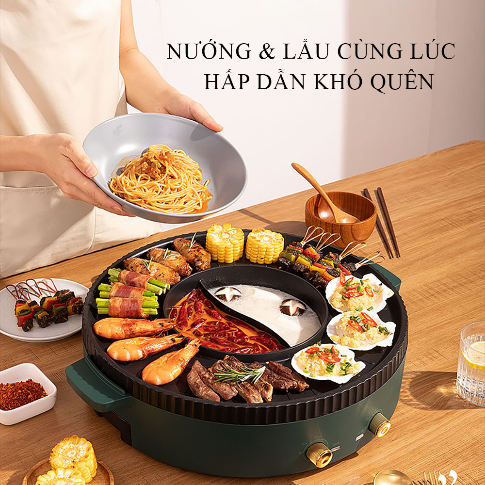 Bếp lẩu nướng đa năng 2 trong 1, nồi lẩu nướng tròn 2 ngăn với bề mặt chống dính dễ dàng vệ sinh, phù hợp từ 5 đến 7 người ăn. Bảo hành 2 năm, lỗi đổi mới trong 7 ngày đầu nhận sản phẩm.