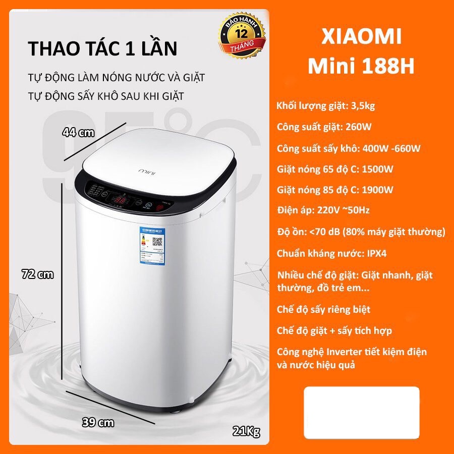 Máy giặt nước nóng + sấy khô xiaomi mini 188h 3.5kg