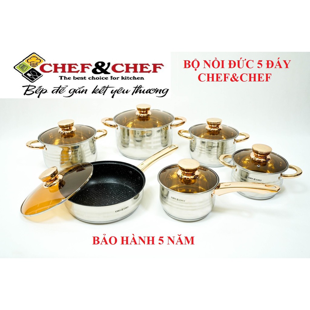 Bộ nồi Đức 6 món [ CAO CẤP ] bộ nồi nấu 6 món CHEF&CHEF - 6688 Đun nấu nhanh và tiết kiệm năng lượng nhờ đáy 5 lớp, BẢO HÀNH 5 NĂM TOÀN QUỐC