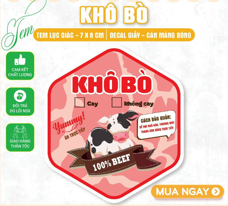 55 tem dán các loại khô bò - lục giác 7*8cm