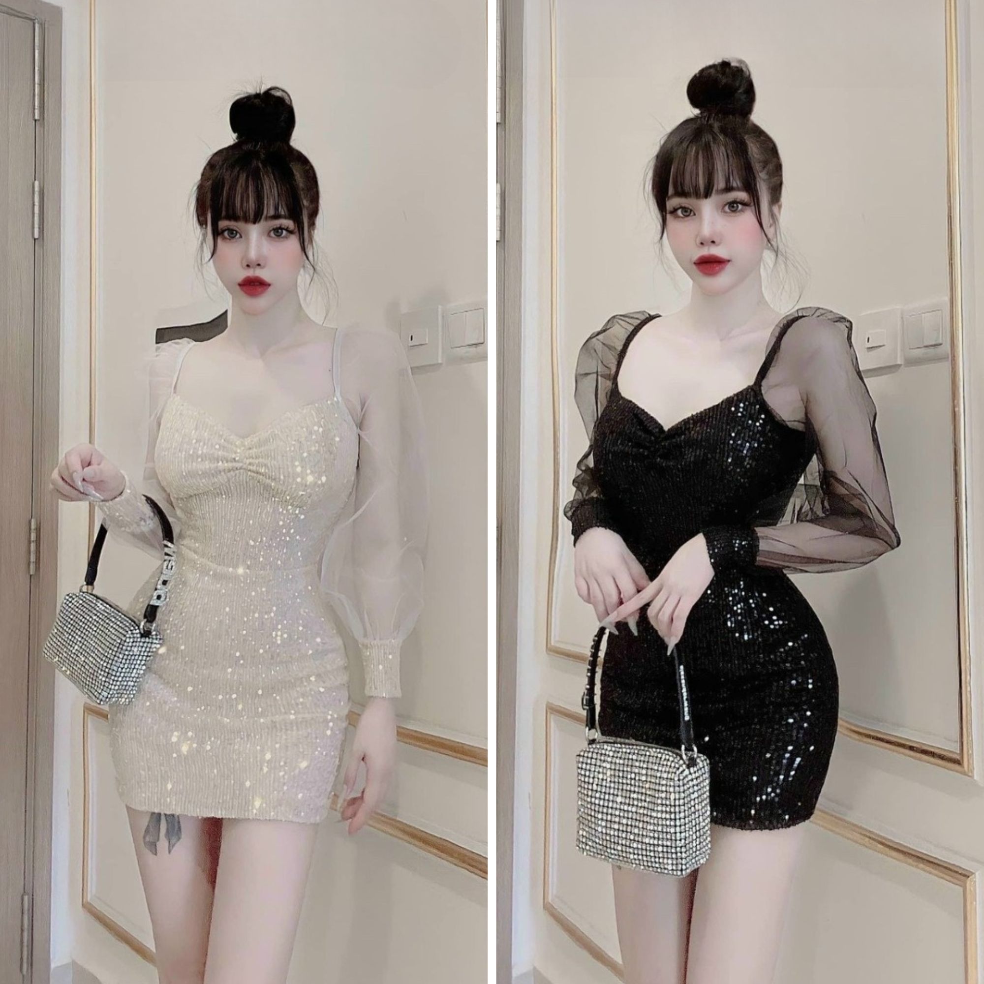 Đầm dự tiệc kim sa phối tay lưới (có mút, có lót)