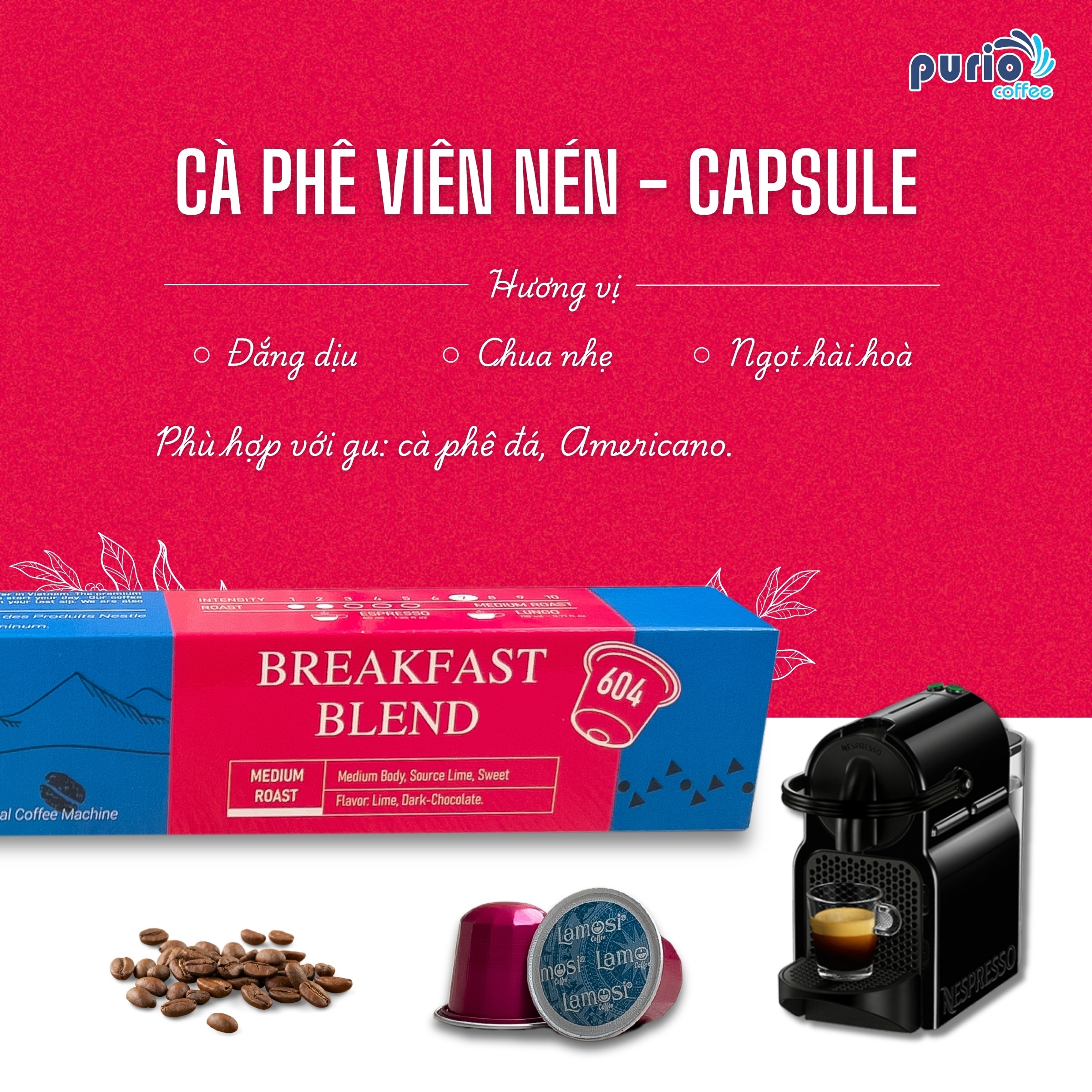 Lamosi Coffee 604 Breakfast Blend Medium Roast Medium Body Premium Coffee Capsules for Nespresso Compatible Machines - 10 Capsules