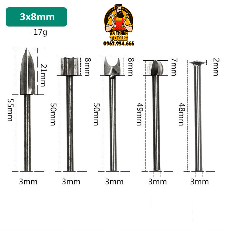 Bộ 5 mũi chạm khắc làm gỗ lũa mini trục 3mm