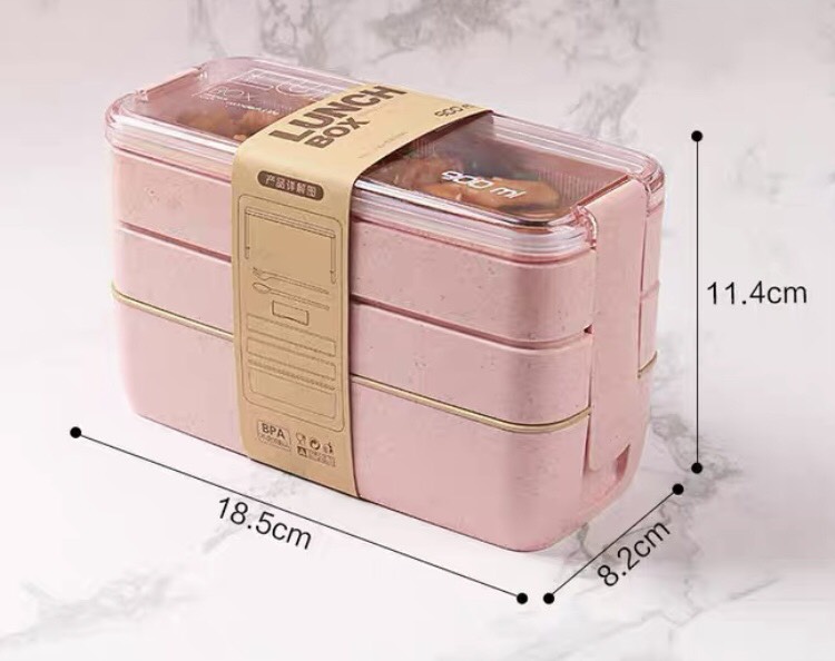 Hộp đựng cơm Lunch box lúa mạch ba tầng kèm đũa thìa cao cấp