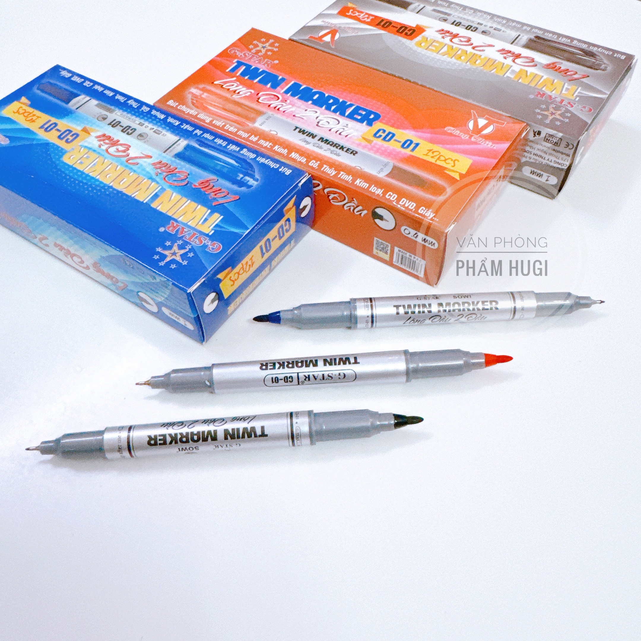 SET 2 Cây Bút Lông Dầu Kim 2 Đầu Gstar CD-01 (Xanh ,Đỏ, Đen)