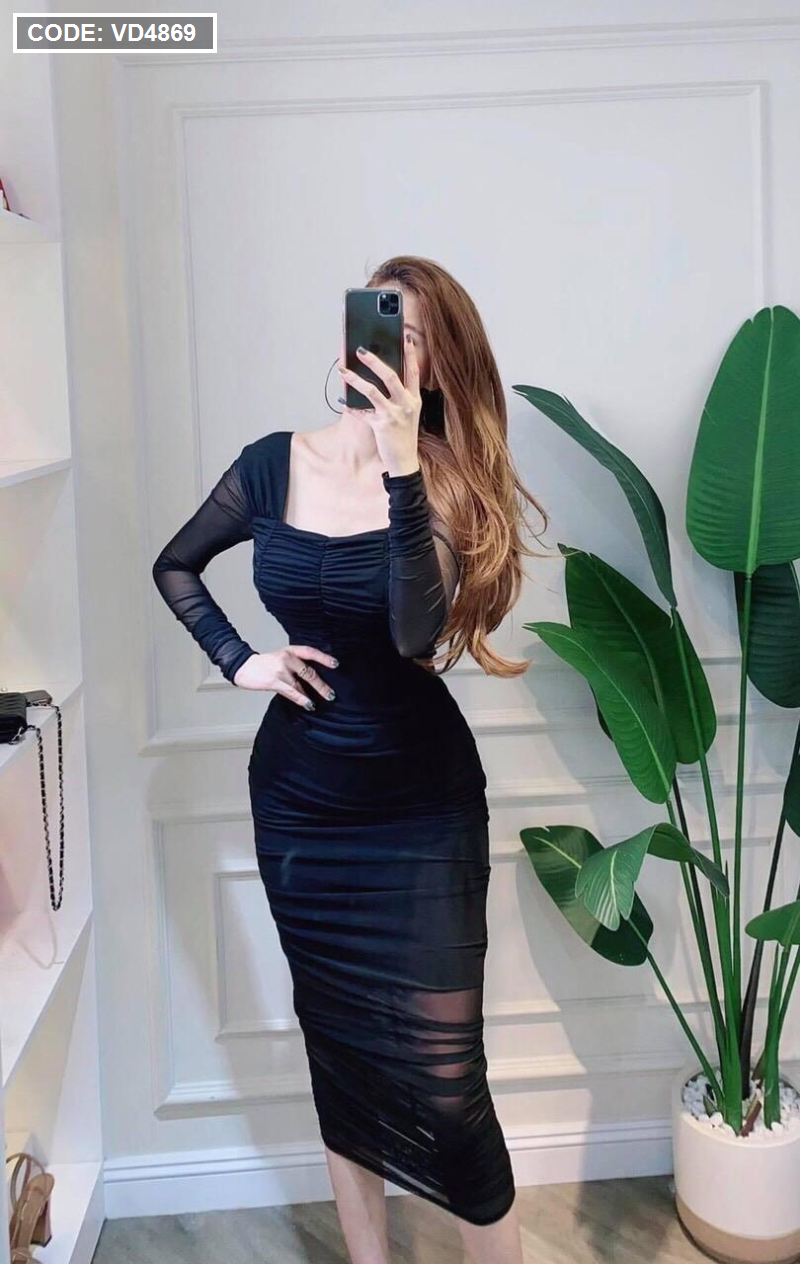 Đầm body vải lưới nhún tay dài