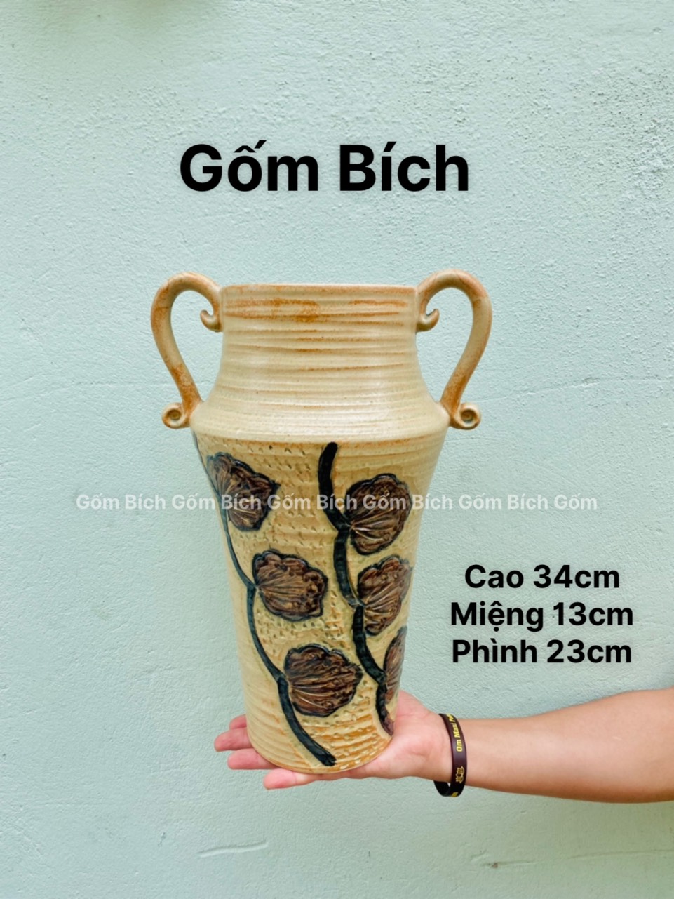 Bình hoa gốm khắc tay men thuần mộc gốm sứ bát tràng lọ hoa đẹp - gốm bích