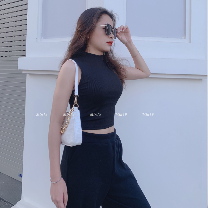 Áo ba lỗ nữ croptop form rộng ngắn bigsize kiểu ôm sát nách thể thao cổ tròn chất len tăm màu trắng đen nâu thời trang phong cách Hàn Quốc