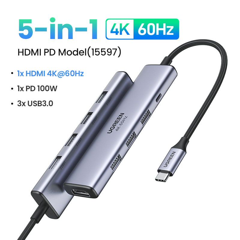 UGREEN 5-in-1 USB C HUB 4K30HZ Type-C to HDMI Adapter for SAMSUNG S23 S22 S21 Laptop SD TF Dock  Splitter for MacBook iPad Pro Air Huawei Model:15495