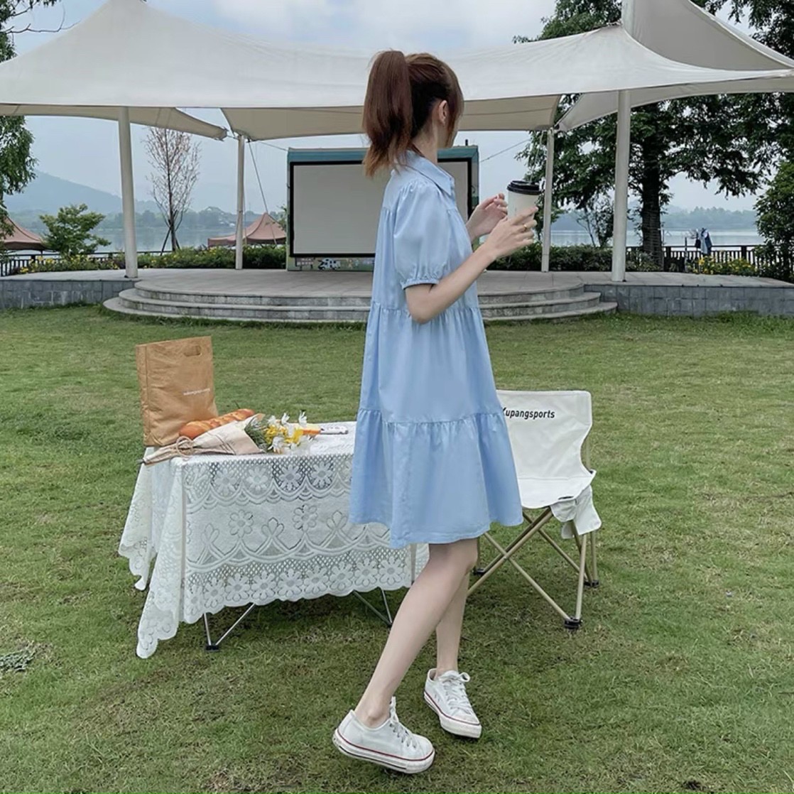 Đầm babydoll xanh biển cổ sơ mi