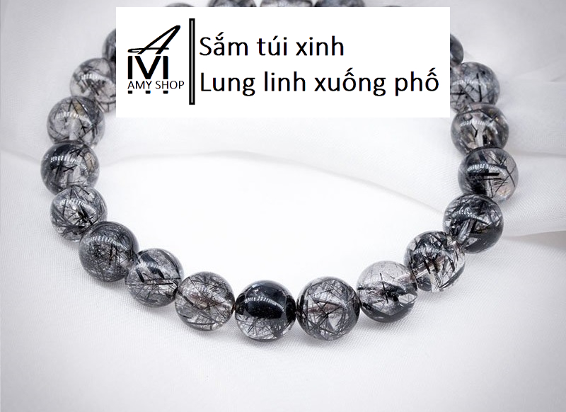 [Túi da thật Amy] Vòng tay phong thủy thạch anh tóc đen
