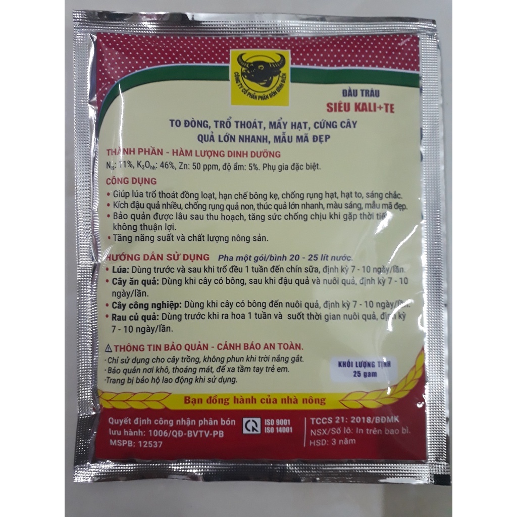 Phân bón Super Kali to bông, lớn trái, màu đẹp Đầu Trâu Siêu Kali gói 25gram