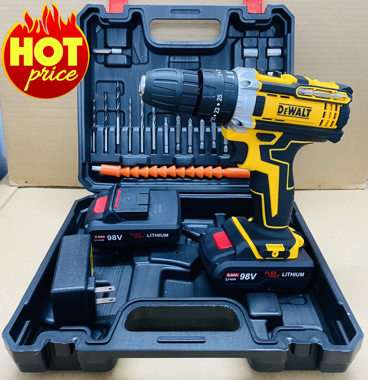 Máy khoan pin 98V loại 3 chức năng có búa - Chuyên khoan tường, khoan sắt, khoan gỗ, bắt vít - Tặng kèm 24 chi tiết gồm các mũi khoan + Mũi bắt vít