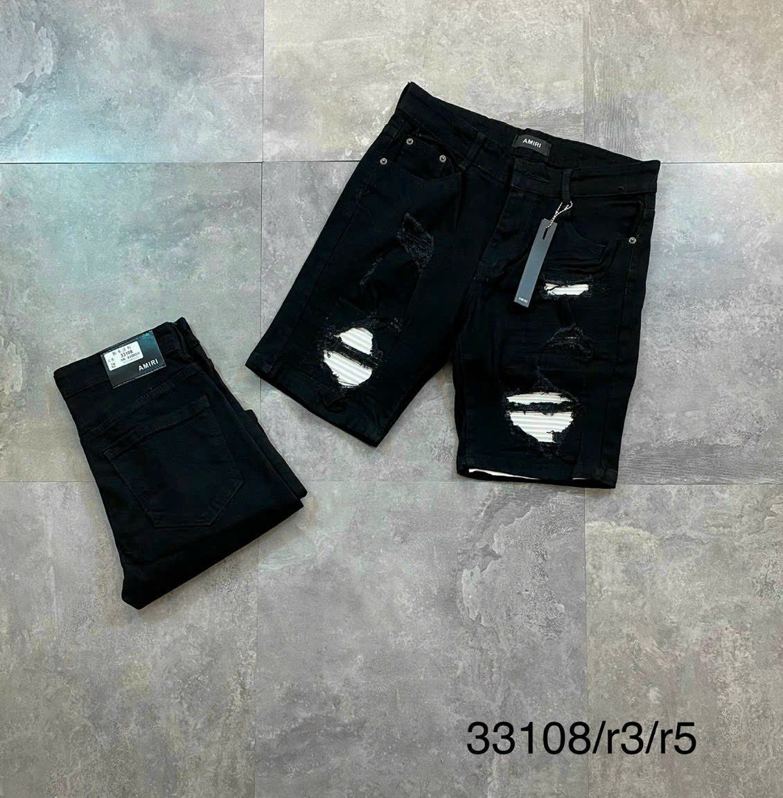 (có video) Quần short jean nam vá da AMIRI thêu phối cao cấp vá trắng chất dày đẹp