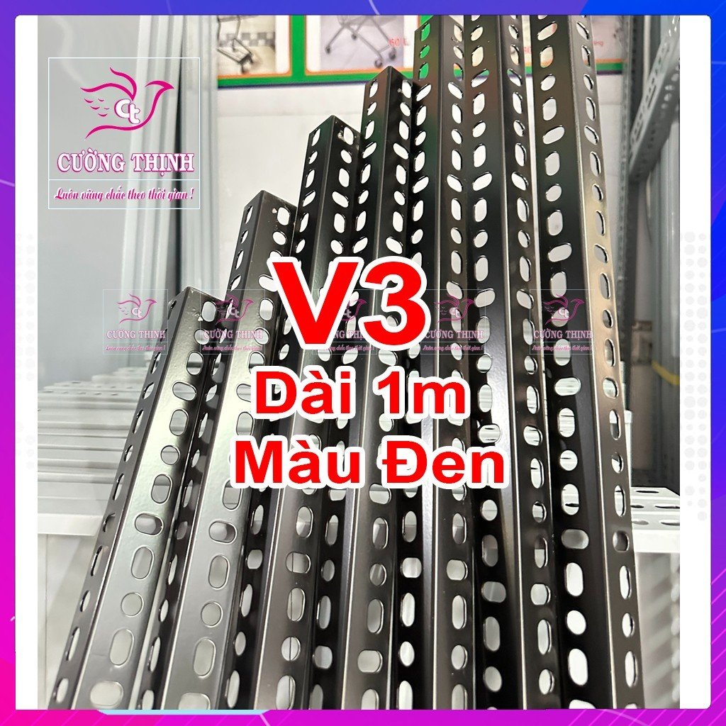 Sắt V lỗ (V3 dài 1m, dày 1,6mm) - Lắp ráp kệ sắt đa năng, Sắt V lỗ, Màu Đen