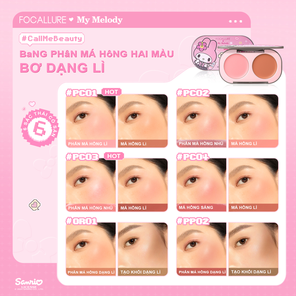 [FOCALLURE x Sanrio] Bảng Phấn Má Hồng 2 Màu Mịn Màng Bơ