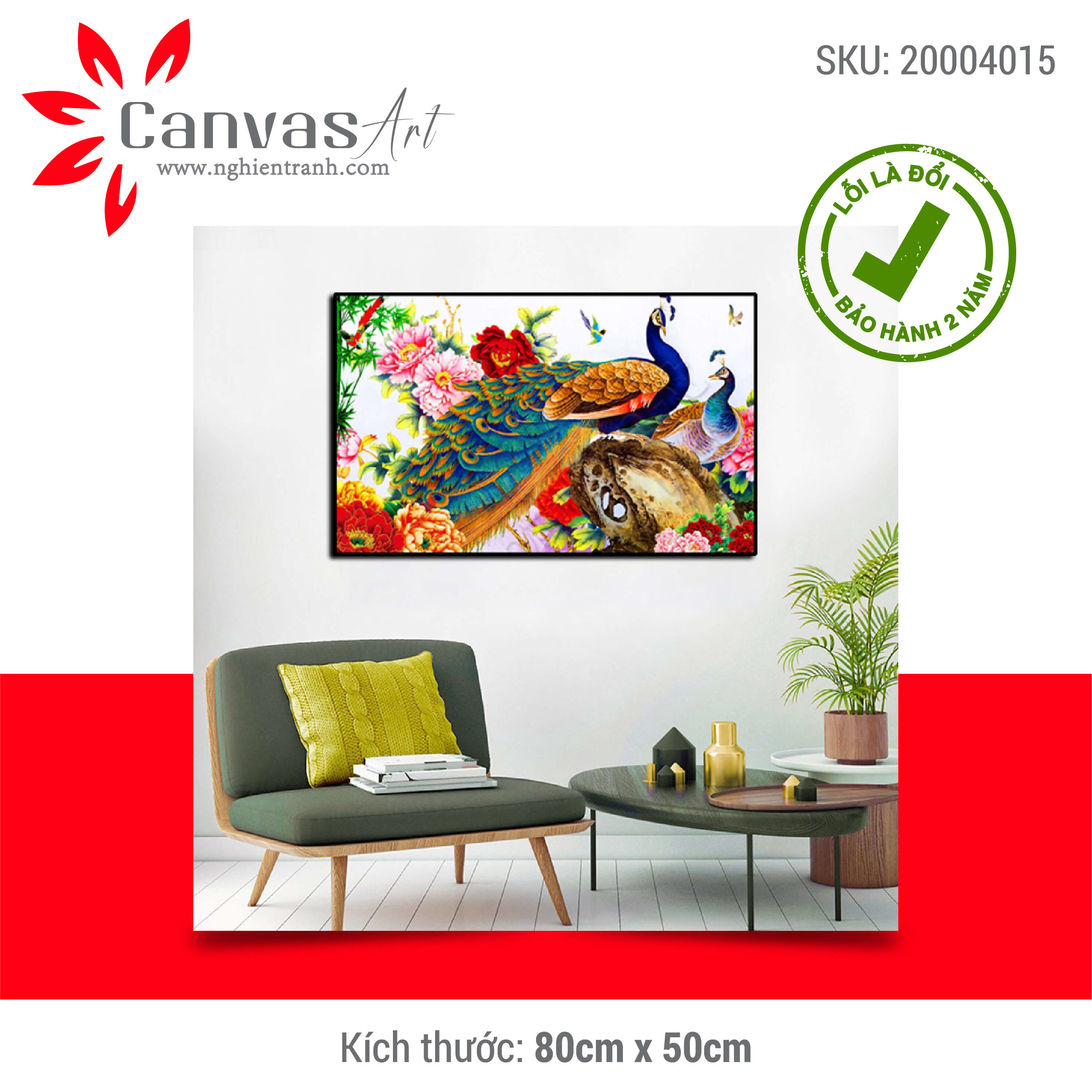 Tranh treo tường hiện đại chim công in trên canvas có khung, trang trí phòng khách, phòng ngủ
