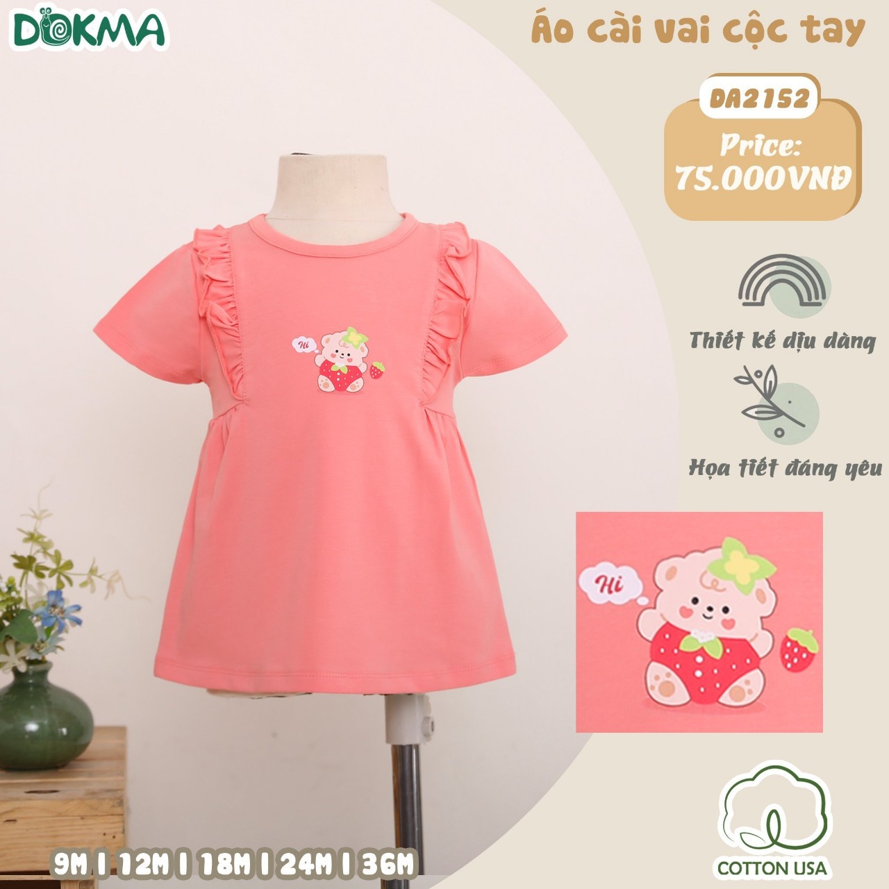 DA2152 Áo cộc tay cài vai bé gái cotton Dokma