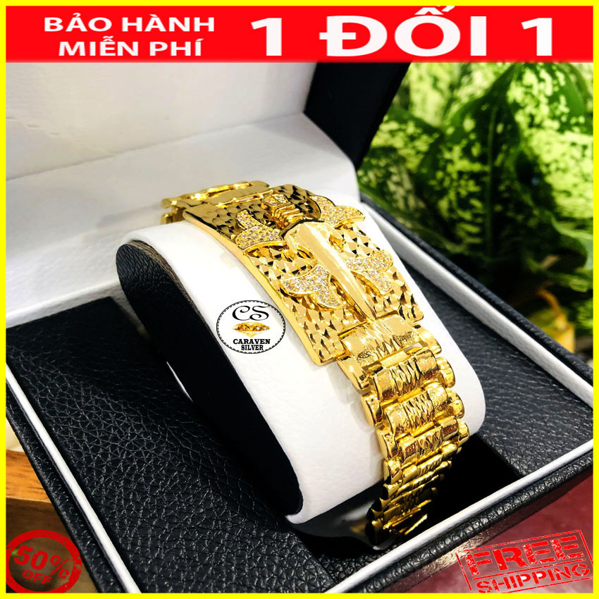 Lắc tay nam mạ vàng 18k bản rộng 2.4cm, mặt nổi hình cây kiếm - caraven silver
