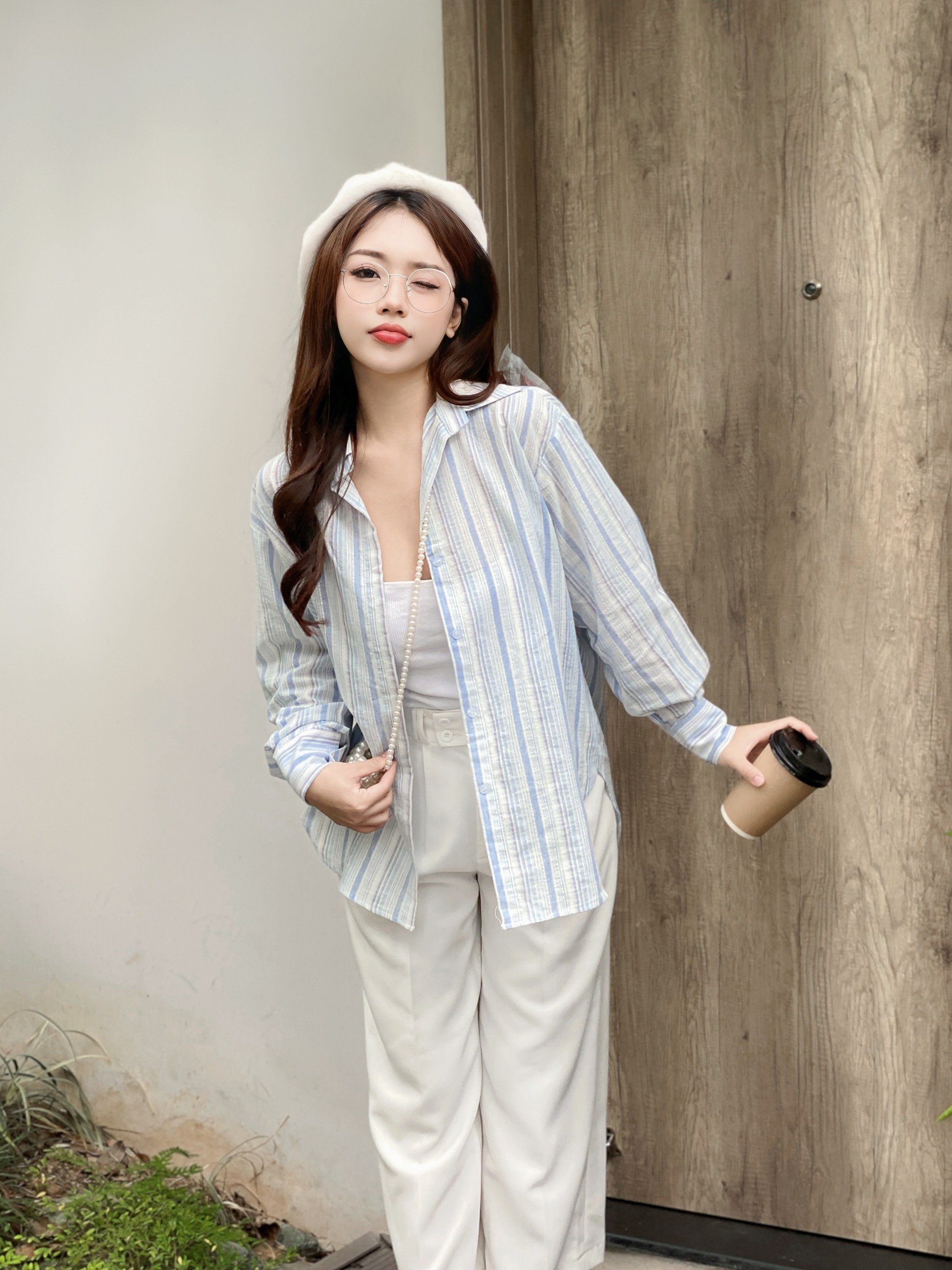 YU CHERRY | Áo sơmi sọc basic nữ oversize Pallette Shirt YA467